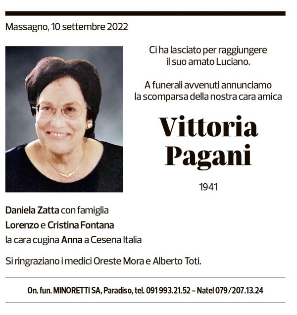 Annuncio funebre Vittoria Pagani