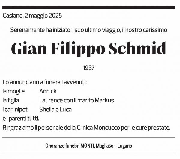 Annuncio funebre Gian Filippo Schmid