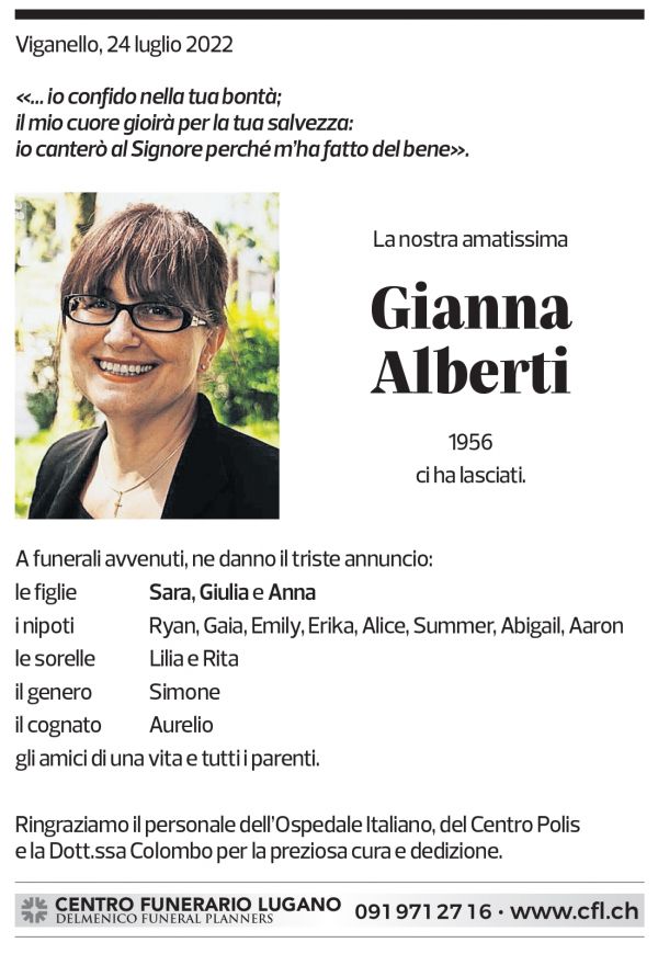 Annuncio funebre Gianna Alberti