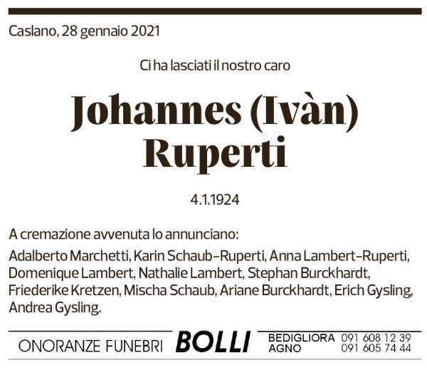 Annuncio funebre Johannes (ivàn) Ruperti