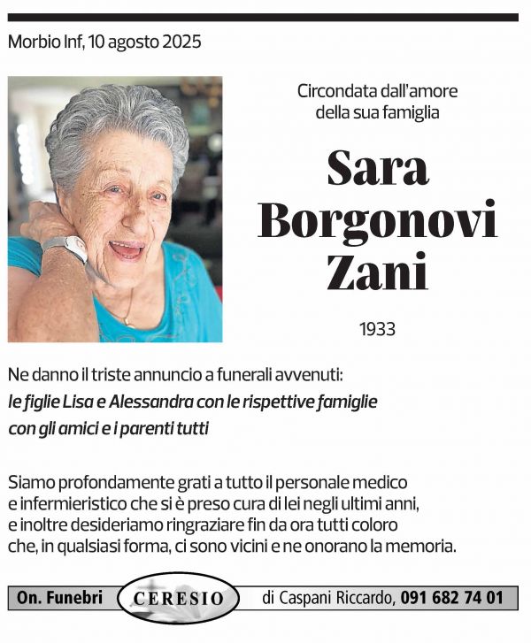 Annuncio funebre Sara Borgonovi Zani
