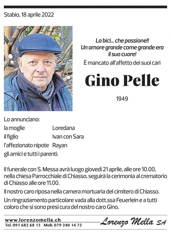 Annuncio funebre Gino Pelle