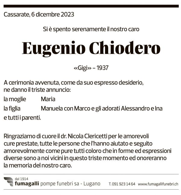 Annuncio funebre Eugenio Chiodero