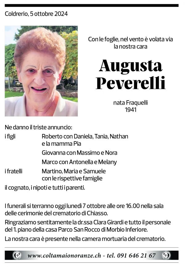 Annuncio funebre Augusta Peverelli