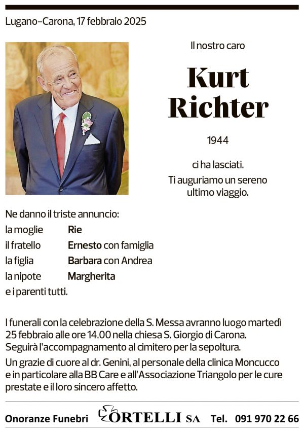 Annuncio funebre Kurt Richter