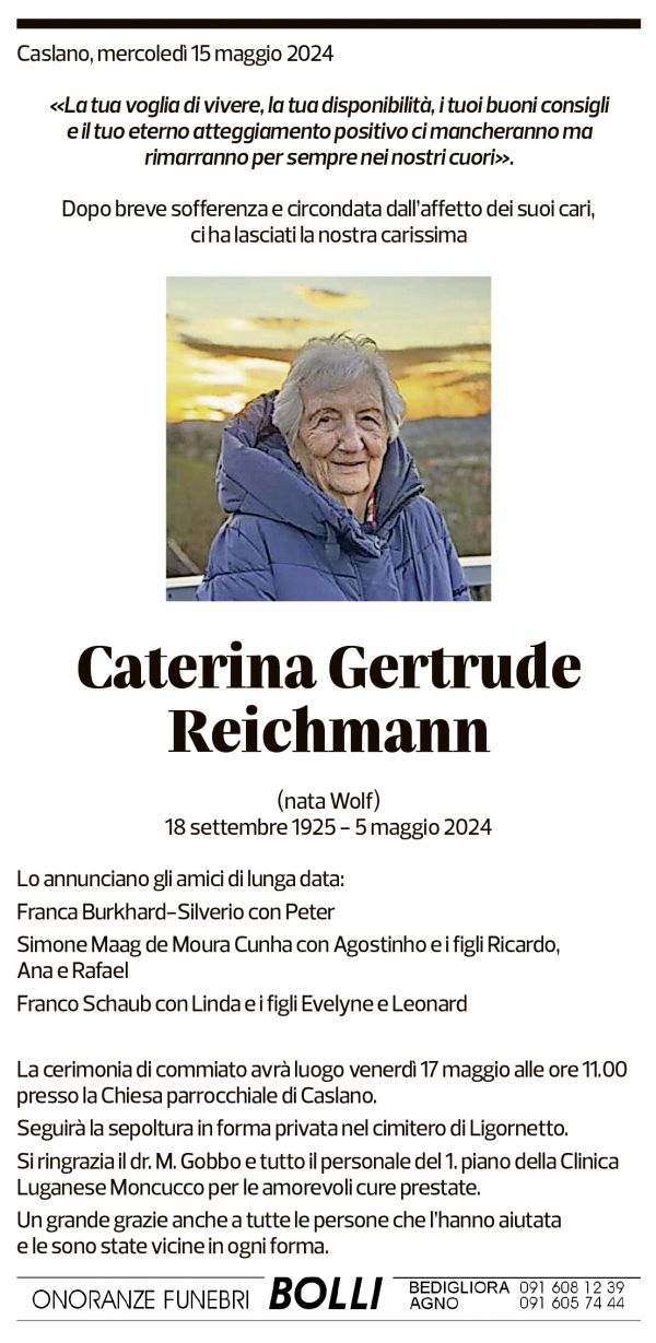 Annuncio funebre Caterina Gertrude Reichmann