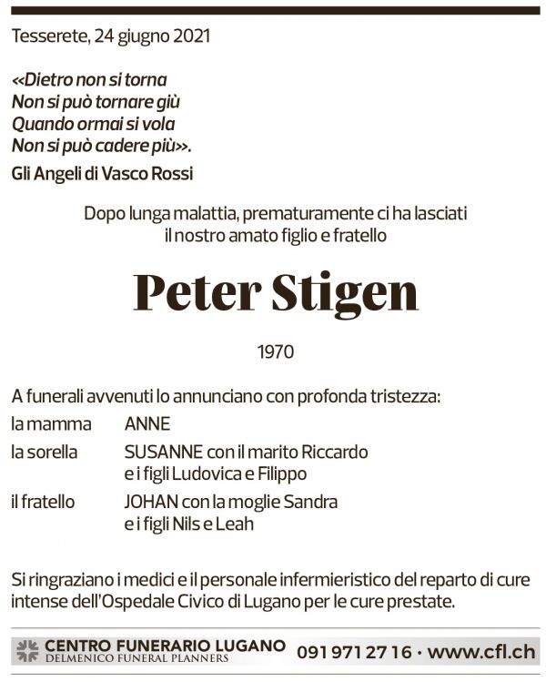 Annuncio funebre Peter Stigen