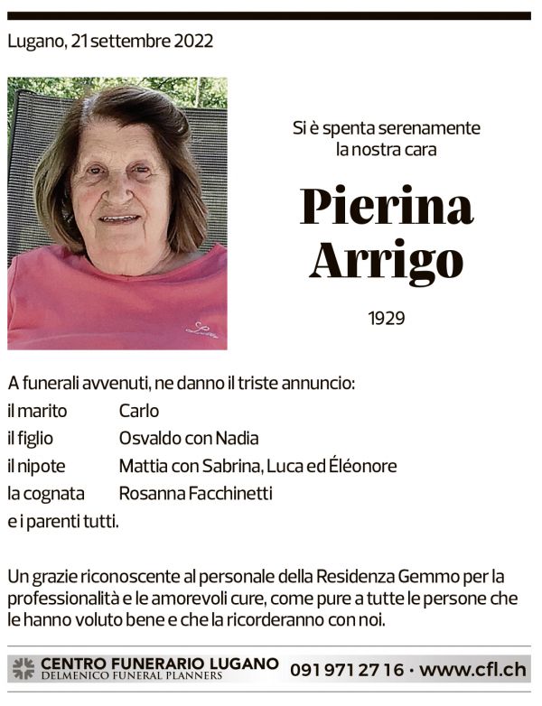 Annuncio funebre Pierina Arrigo