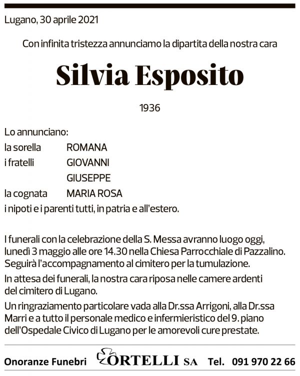 Annuncio funebre Silvia Esposito