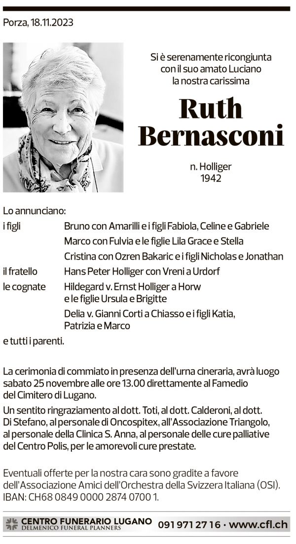 Annuncio funebre Ruth Bernasconi