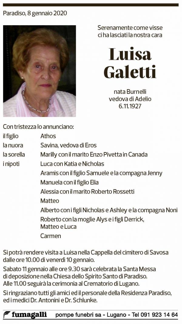 Annuncio funebre Luisa Galetti