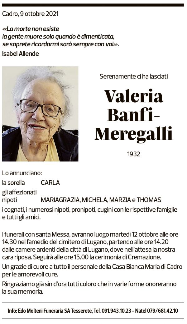 Annuncio funebre Valeria Banfi-meregalli