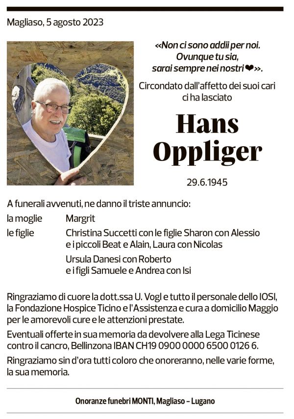 Annuncio funebre Hans Oppliger