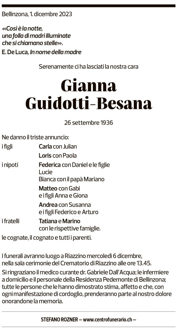 Annuncio funebre Gianna Guidotti-besana