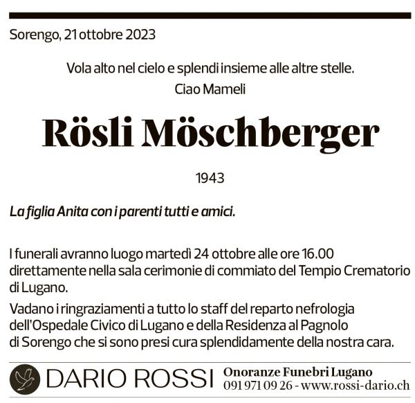 Annuncio funebre Rösli Möschberger