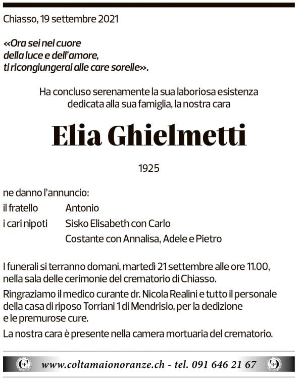 Annuncio funebre Elia Ghielmetti