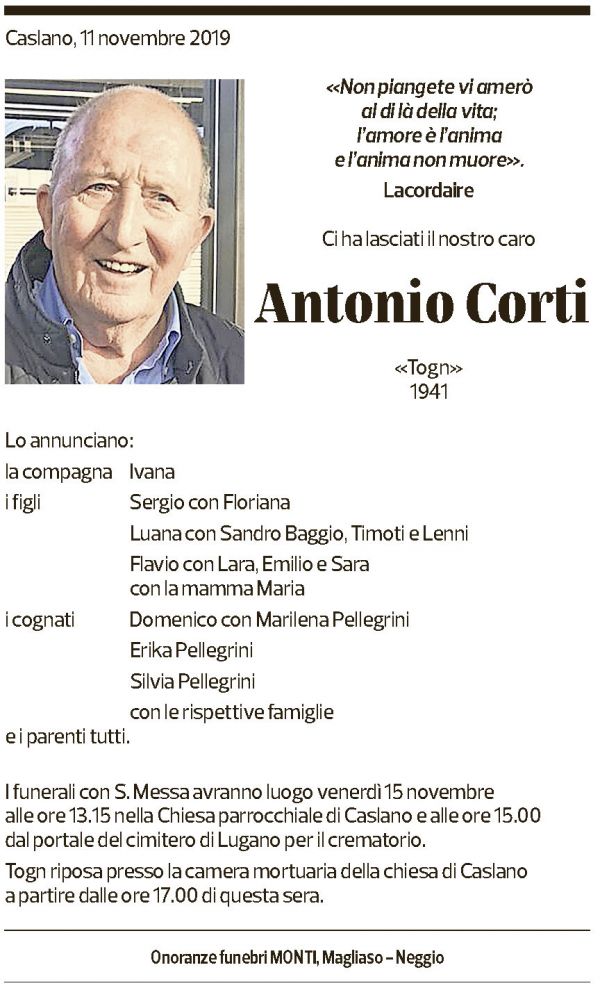 Annuncio funebre Antonio Corti