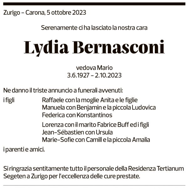 Annuncio funebre Lydia Bernasconi