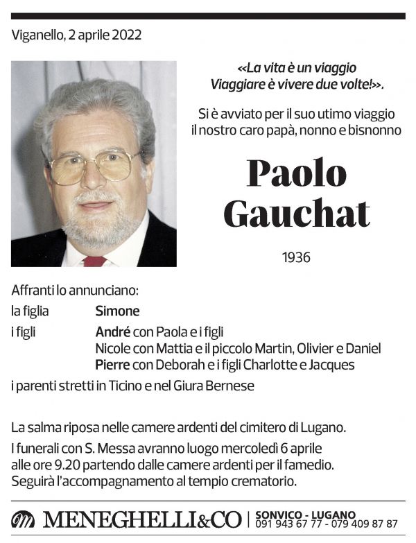 Annuncio funebre Paolo Gauchat