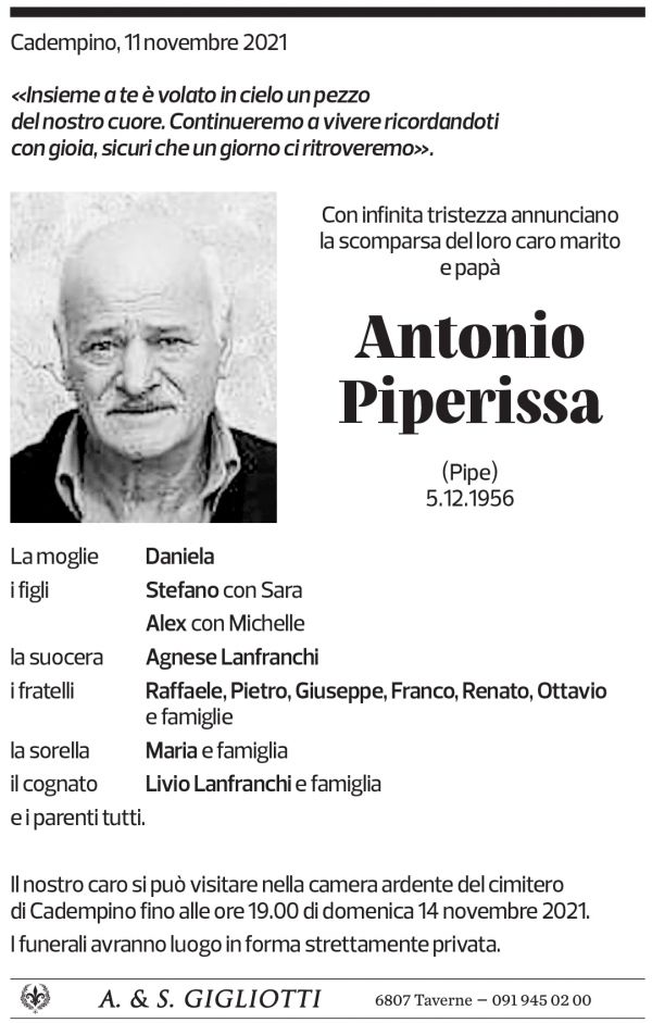 Annuncio funebre Antonio Piperissa