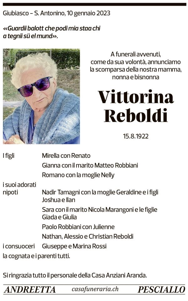 Annuncio funebre Vittorina Reboldi