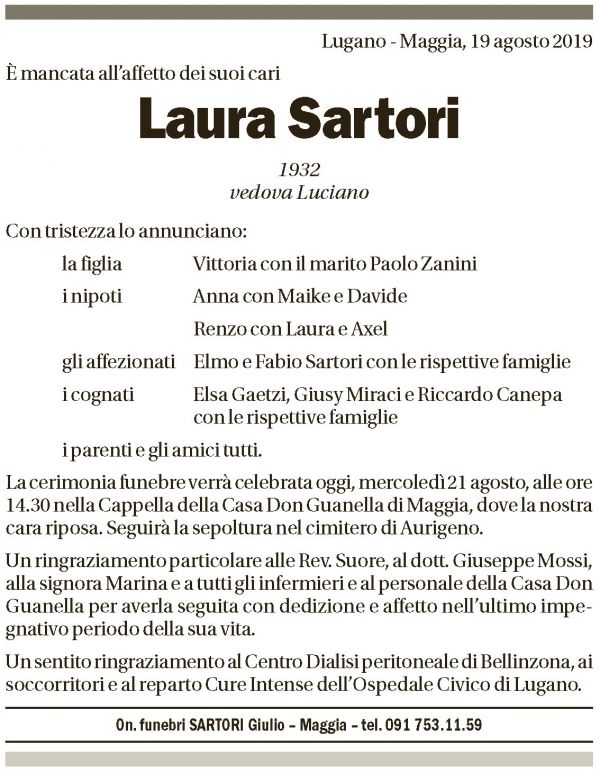 Annuncio funebre Laura Sartori