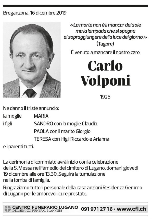 Annuncio funebre Carlo Volponi