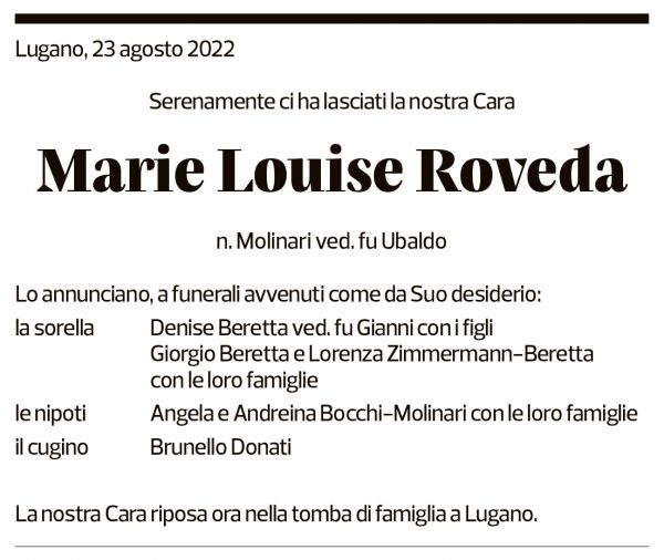 Annuncio funebre Marie Louise Roveda