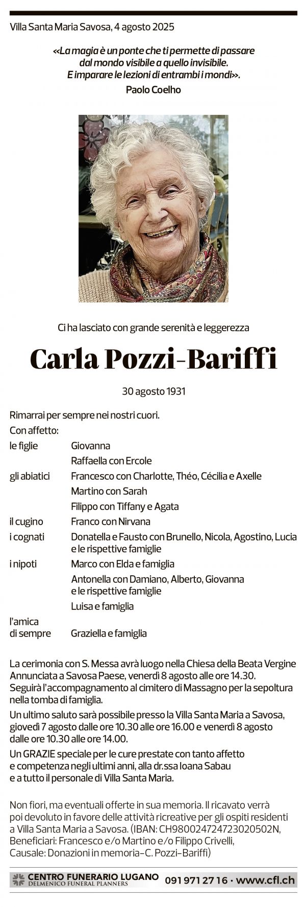 Annuncio funebre Carla Pozzi-bariffi