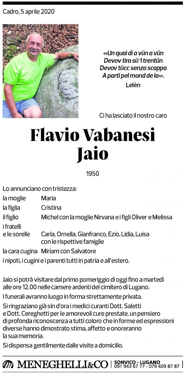 Annuncio funebre Flavio Vabanesi