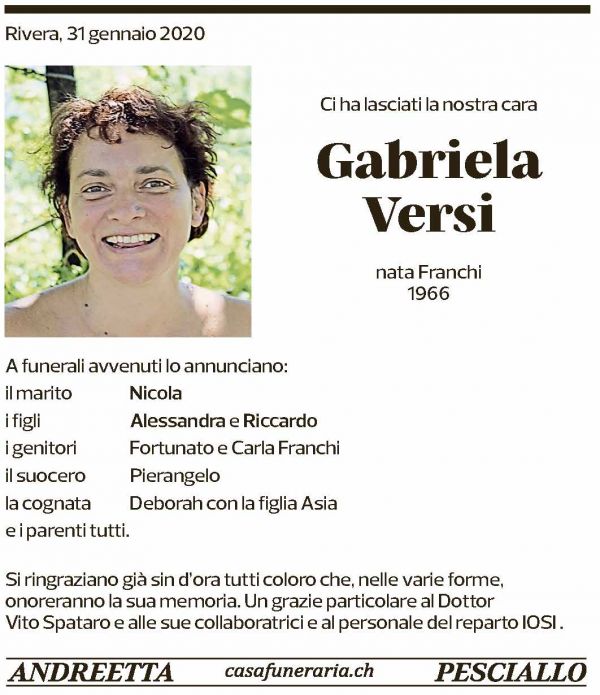 Annuncio funebre Gabriela Versi