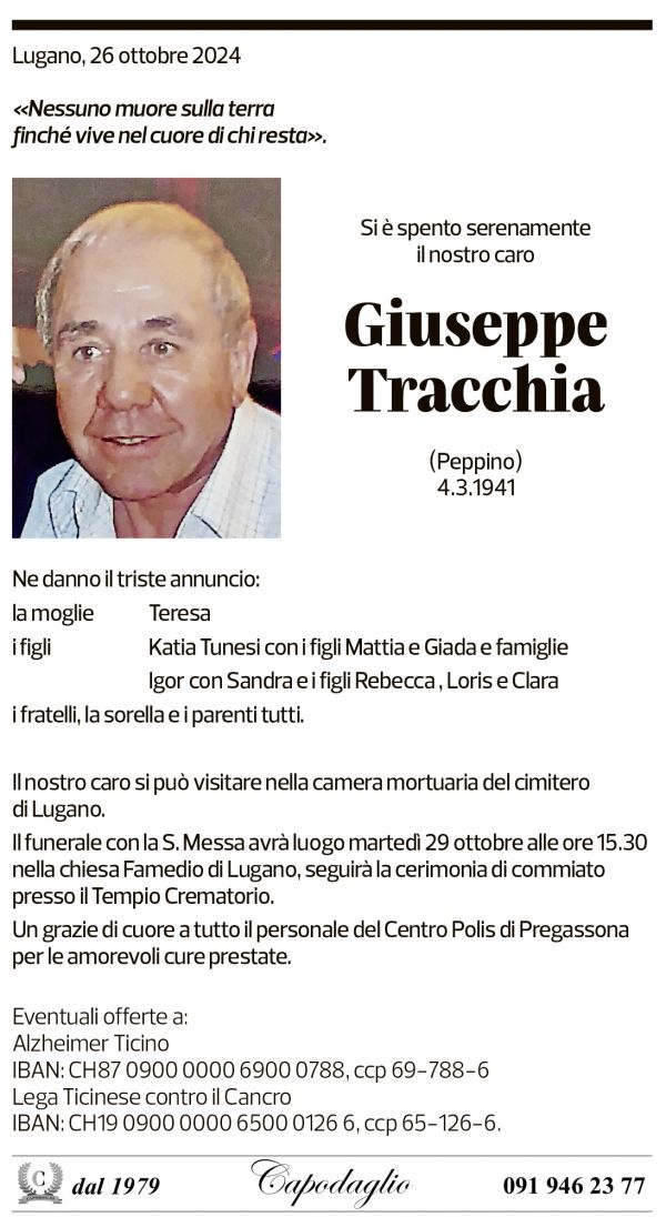 Annuncio funebre Giuseppe Tracchia