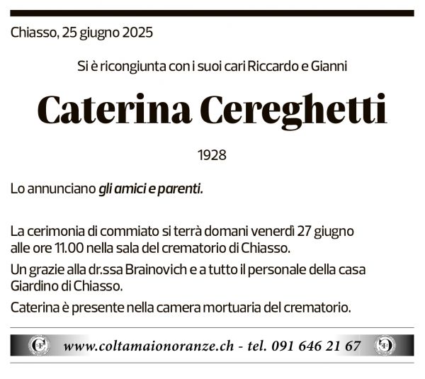 Annuncio funebre Caterina Cereghetti