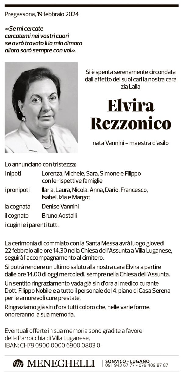 Annuncio funebre Elvira Rezzonico