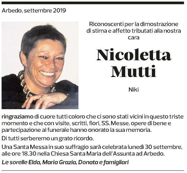 Annuncio funebre Nicoletta Mutti