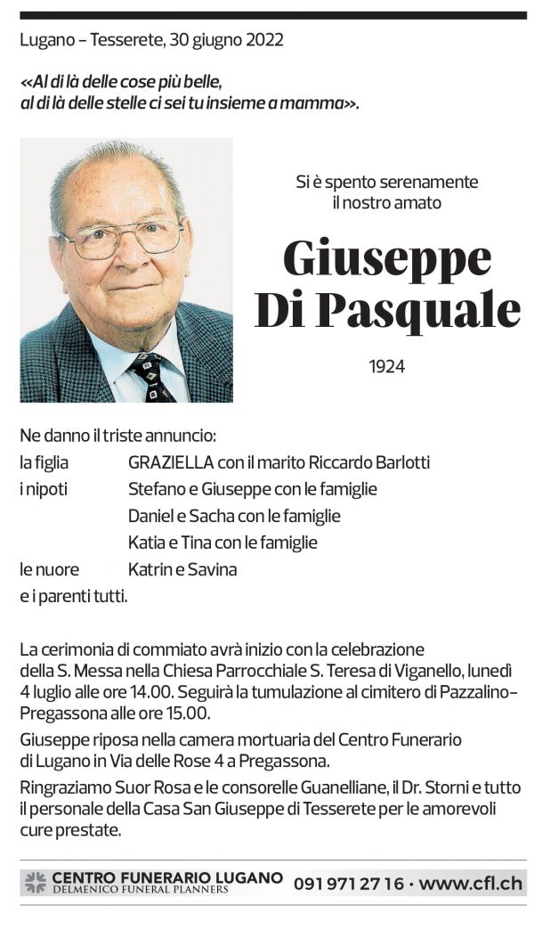 Annuncio funebre Giuseppe Di Pasquale