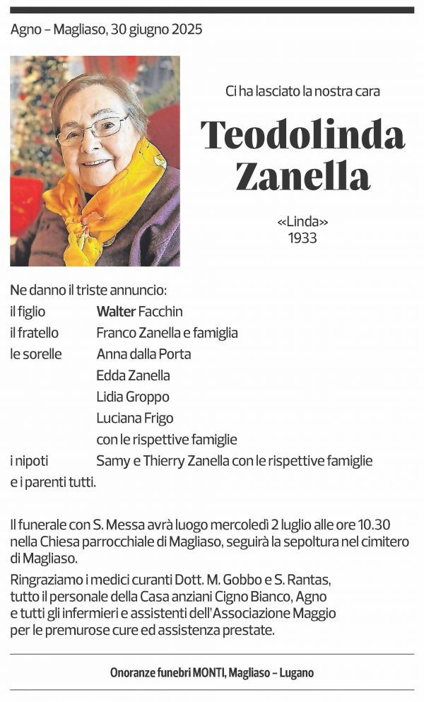 Annuncio funebre Teodolinda Zanella