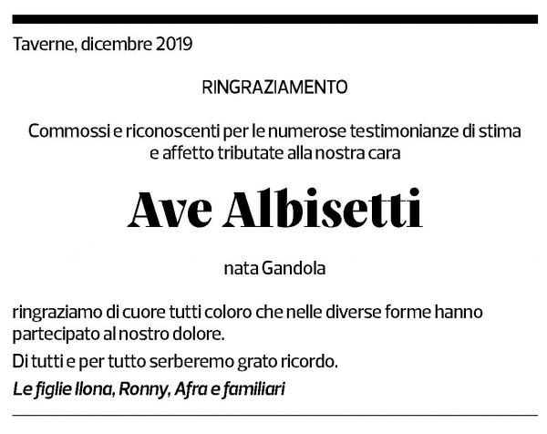 Annuncio funebre Ave Albisetti