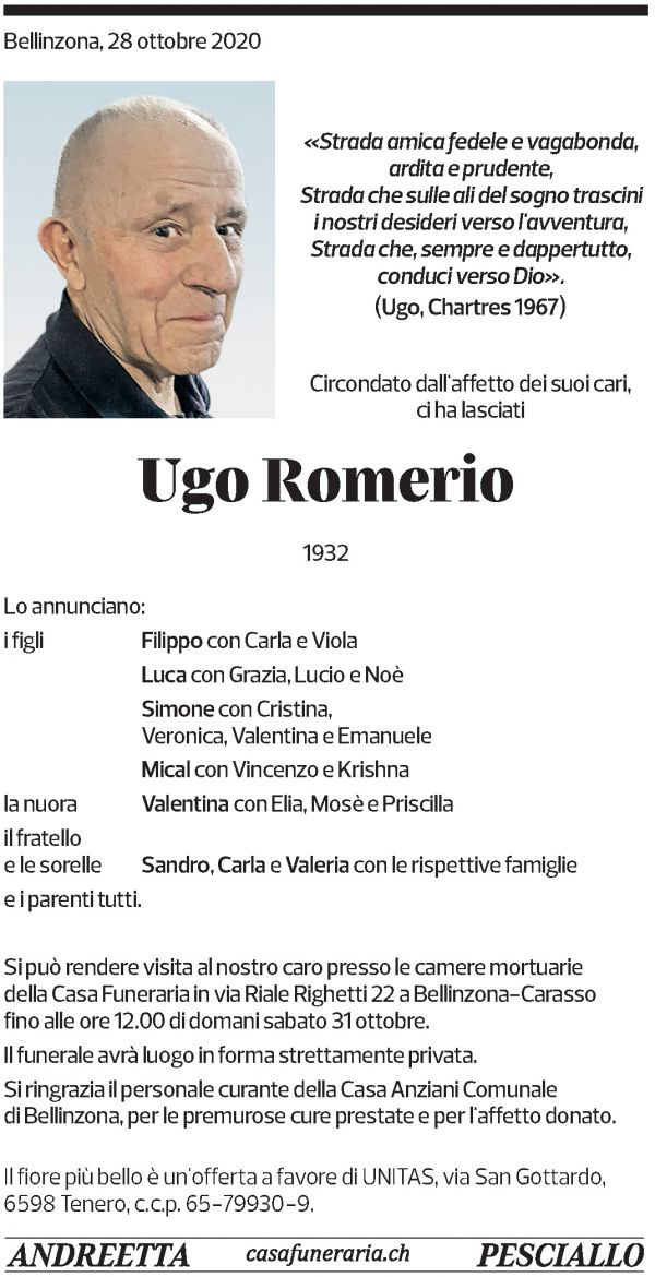 Annuncio funebre Ugo Romerio