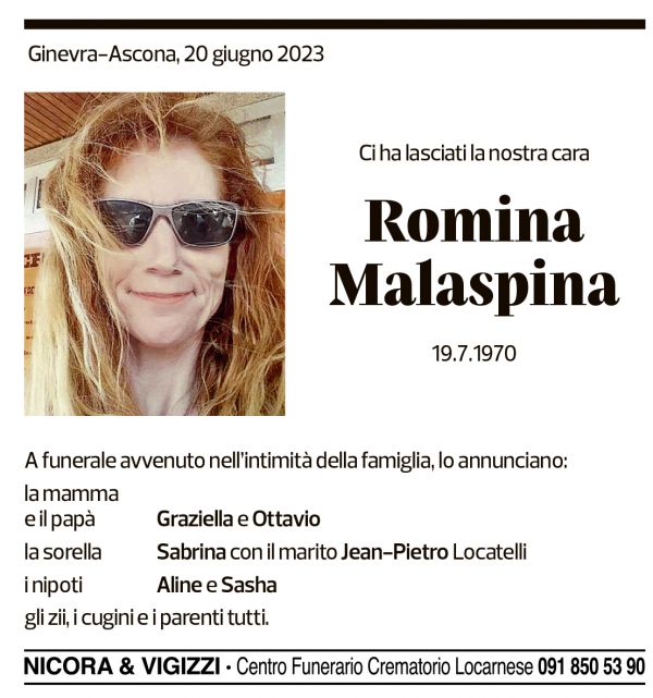 Annuncio funebre Romina Malaspina