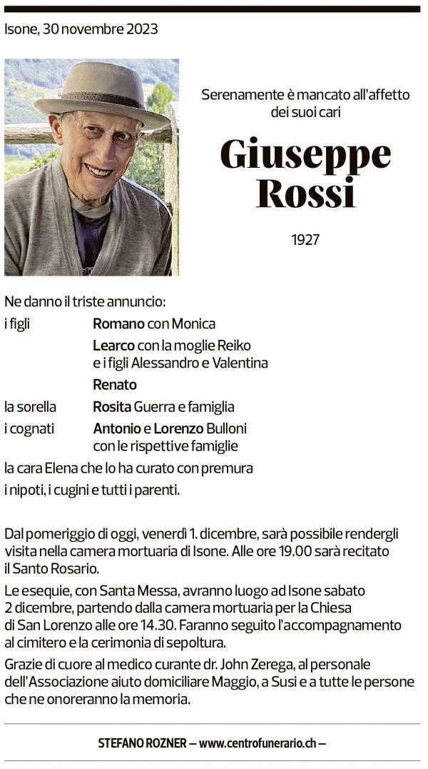 Annuncio funebre Giuseppe Rossi