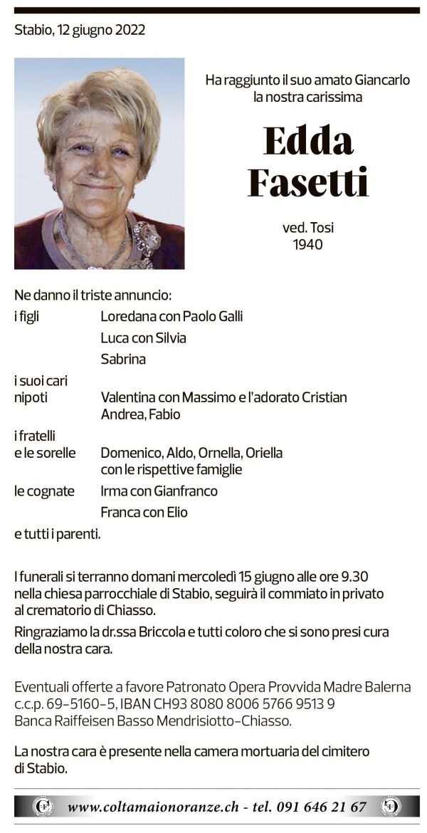 Annuncio funebre Edda Fasetti