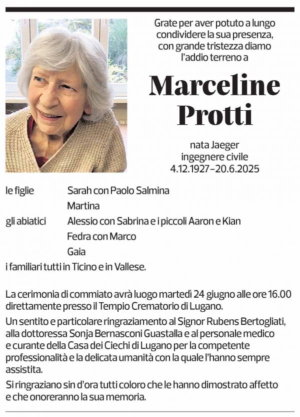 Annuncio funebre Marceline Protti