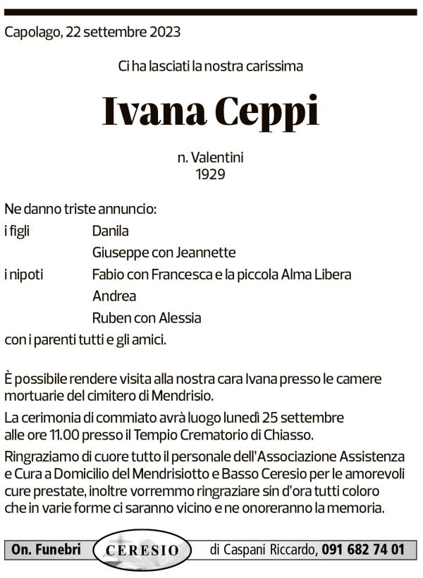 Annuncio funebre Ivana Ceppi