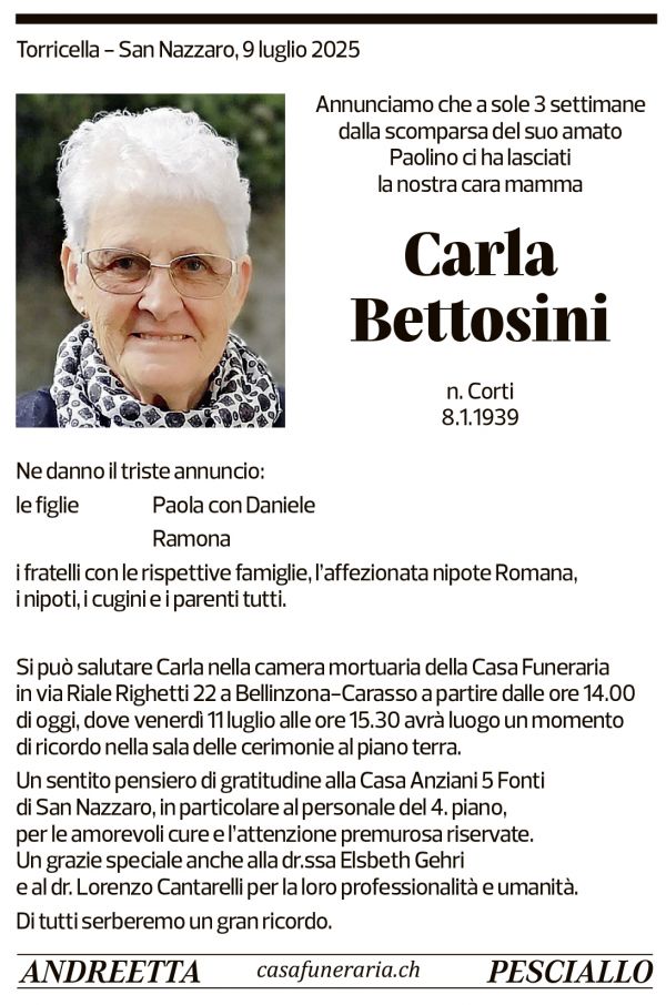 Annuncio funebre Carla Bettosini