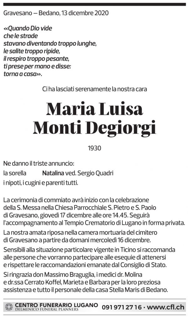 Annuncio funebre Maria Luisa Monti Degiorgi