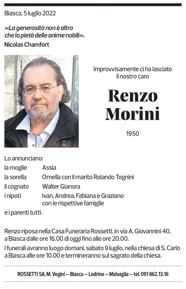 Annuncio funebre Renzo Morini