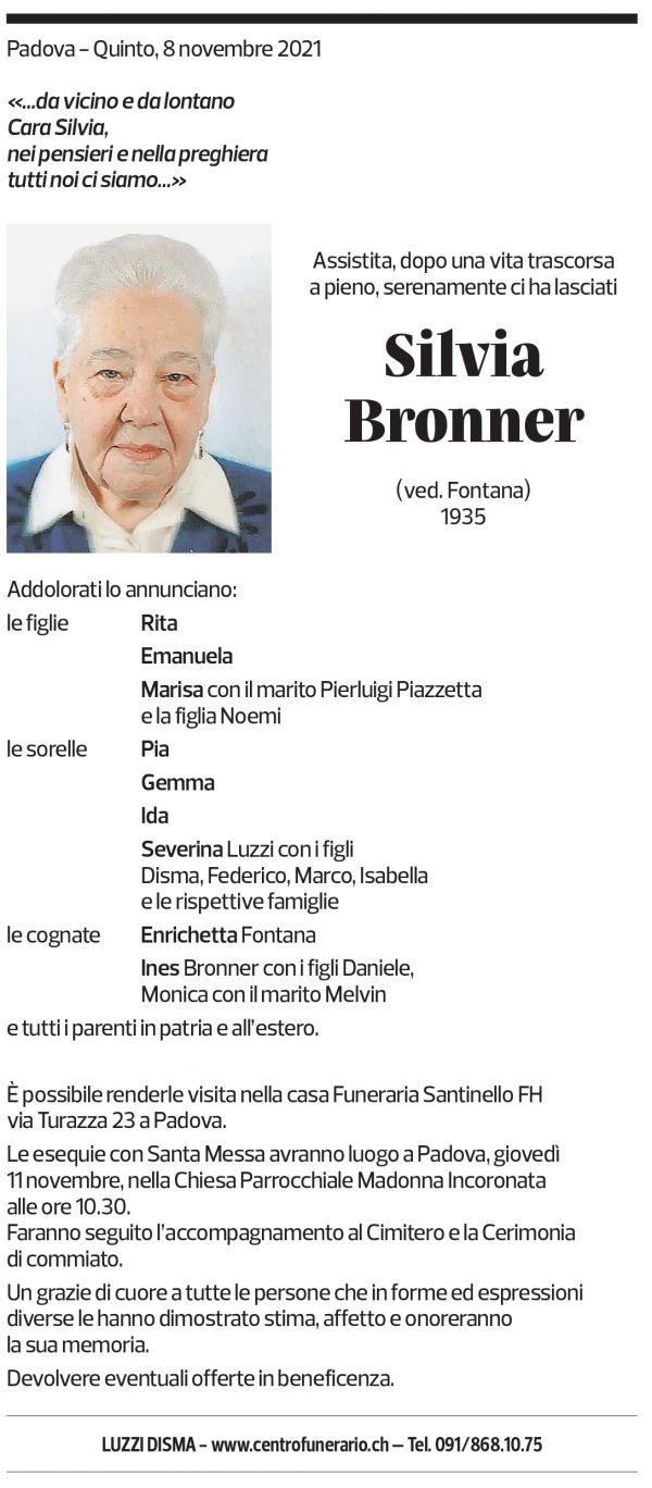 Annuncio funebre Silvia Bronner