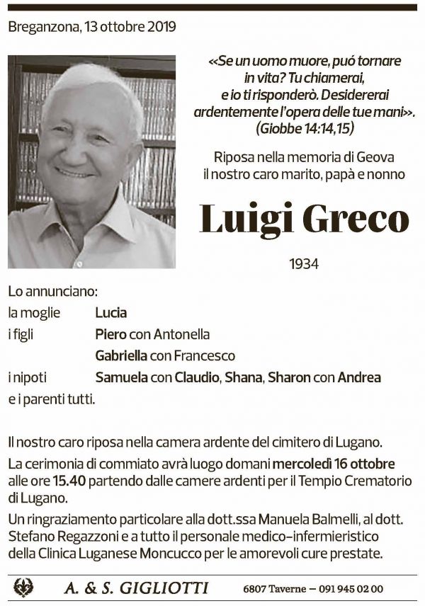 Annuncio funebre Luigi Greco