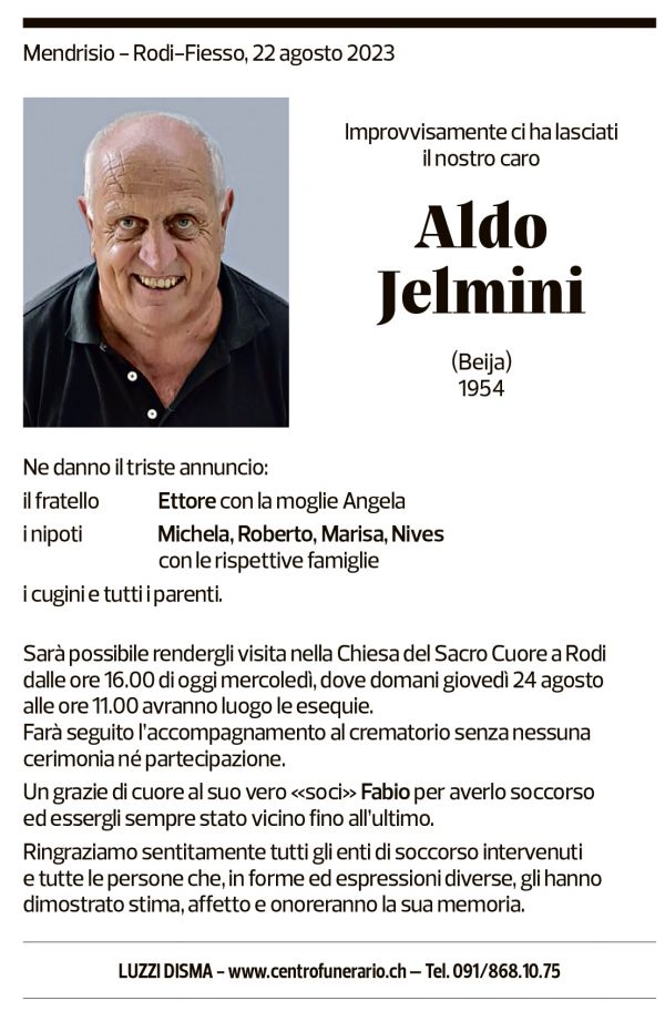 Annuncio funebre Aldo Jelmini